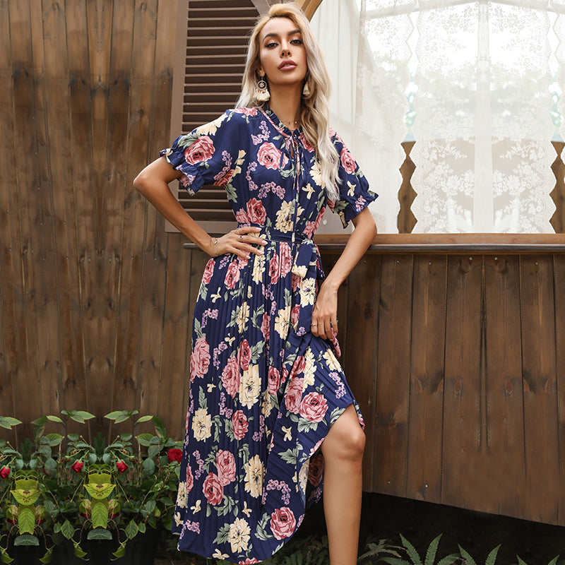 Boho Midi Dress, Pleted Dress Maisie in Navy