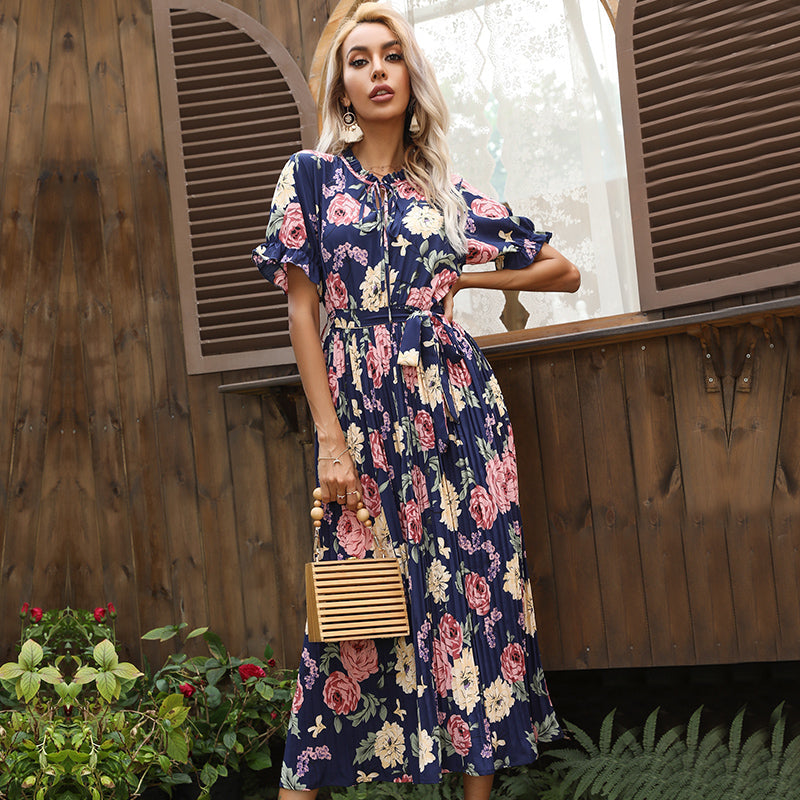 Boho Midi Dress, Pleted Dress Maisie in Navy