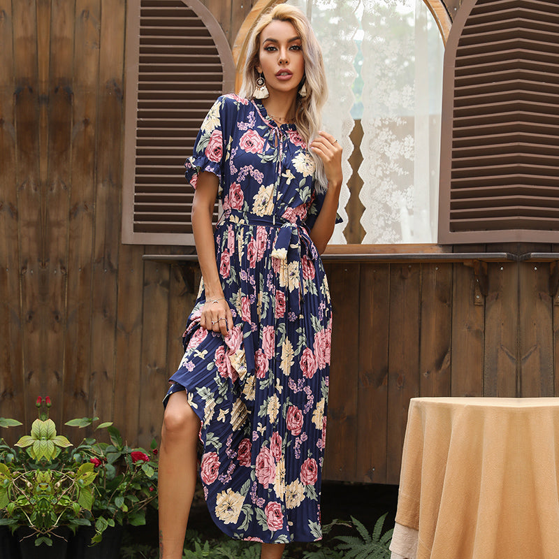 Boho Midi Dress, Pleted Dress Maisie in Navy