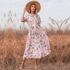 Boho Midi Dress, Pleted Dress Maisie in Pink