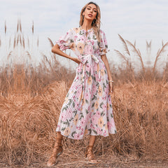 Boho Midi Dress, Pleted Dress Maisie in Pink
