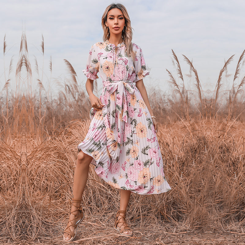 Boho Midi Dress, Pleted Dress Maisie in Pink