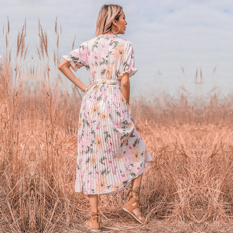 Boho Midi Dress, Pleted Dress Maisie in Pink