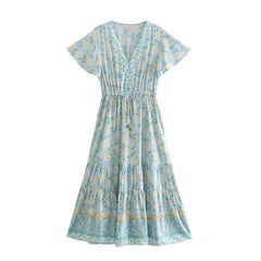 Boho Maxi Dress, Sundress, Blue and Red Theodosia