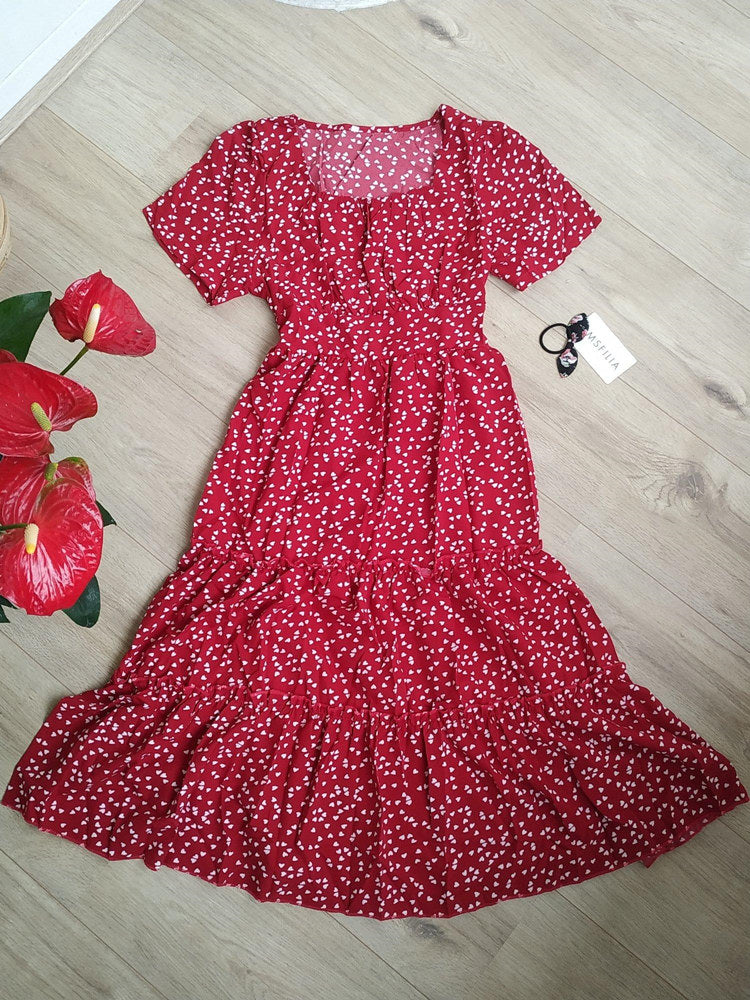 Boho Midi Dress, Mia Raffle Red Heart in Navy