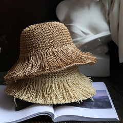 Boho Hat, Beach Sun Hat, Grass Flod Hat Mila in White and Caramel