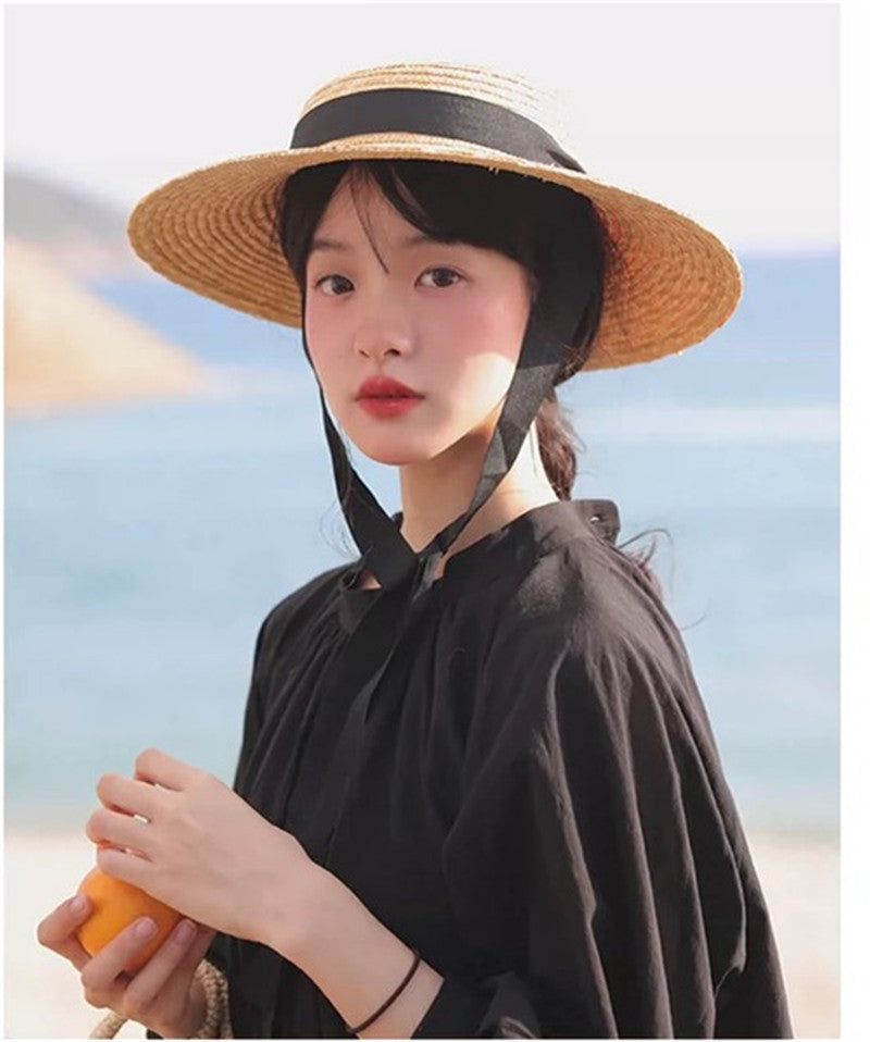Boho Hat, Sun Hat, Beach Hat, Wide Brim Straw, Leah Black Ribbon