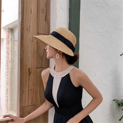 Boho Hat, Sun Beach Hat, Vintage Raffia Straw Hat Isla Black Ribbon