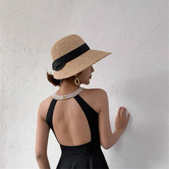 Boho Hat, Sun Beach Hat, Vintage Raffia Straw Hat Isla Black Ribbon