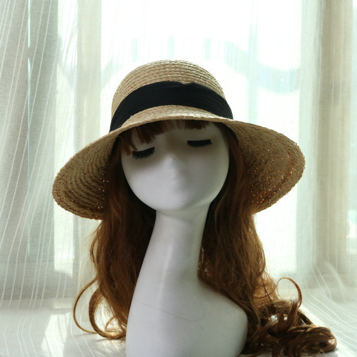 Boho Hat, Sun Beach Hat, Vintage Raffia Straw Hat Isla Black Ribbon