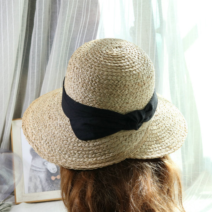 Boho Hat, Sun Beach Hat, Vintage Raffia Straw Hat Isla Black Ribbon