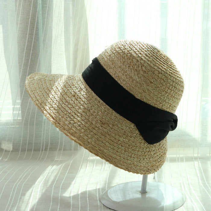 Boho Hat, Sun Beach Hat, Vintage Raffia Straw Hat Isla Black Ribbon