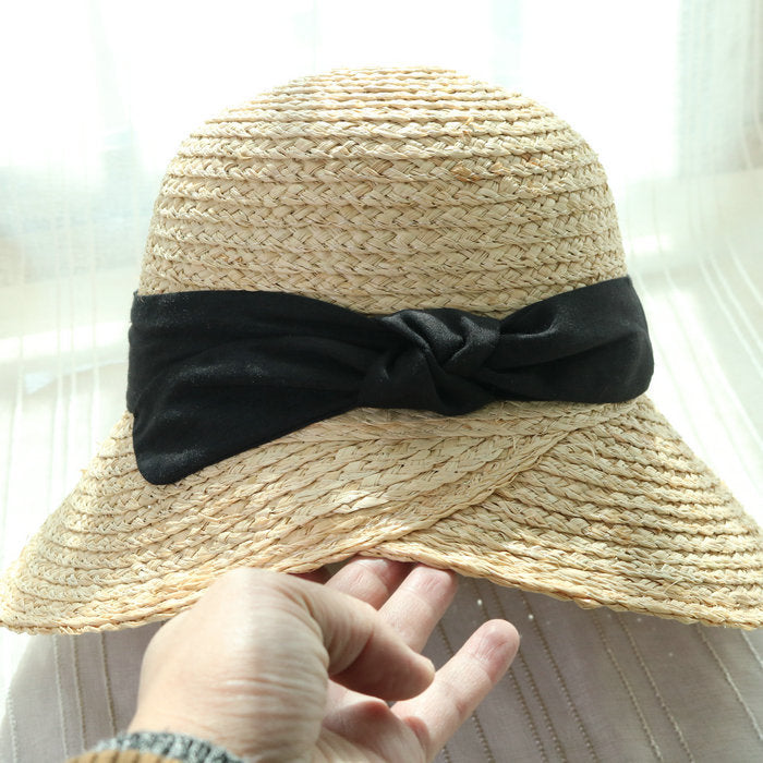 Boho Hat, Sun Beach Hat, Vintage Raffia Straw Hat Isla Black Ribbon