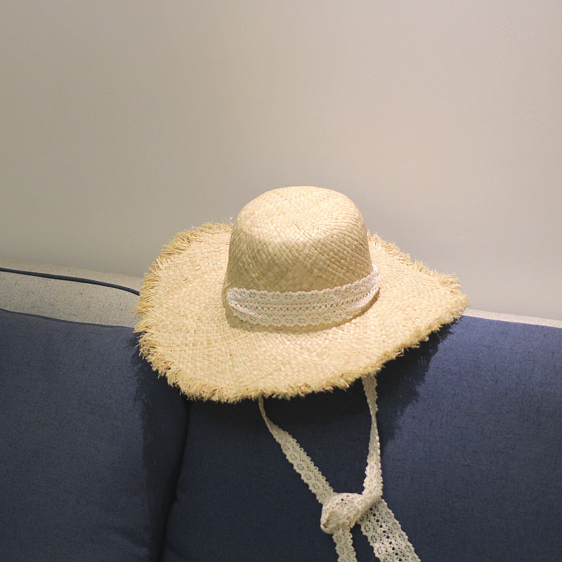 Boho Hat, Sun Beach Hat, Vintage Raffia Straw Hat Leah Lace Ribbon