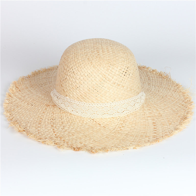 Boho Hat, Sun Beach Hat, Vintage Raffia Straw Hat Leah Lace Ribbon