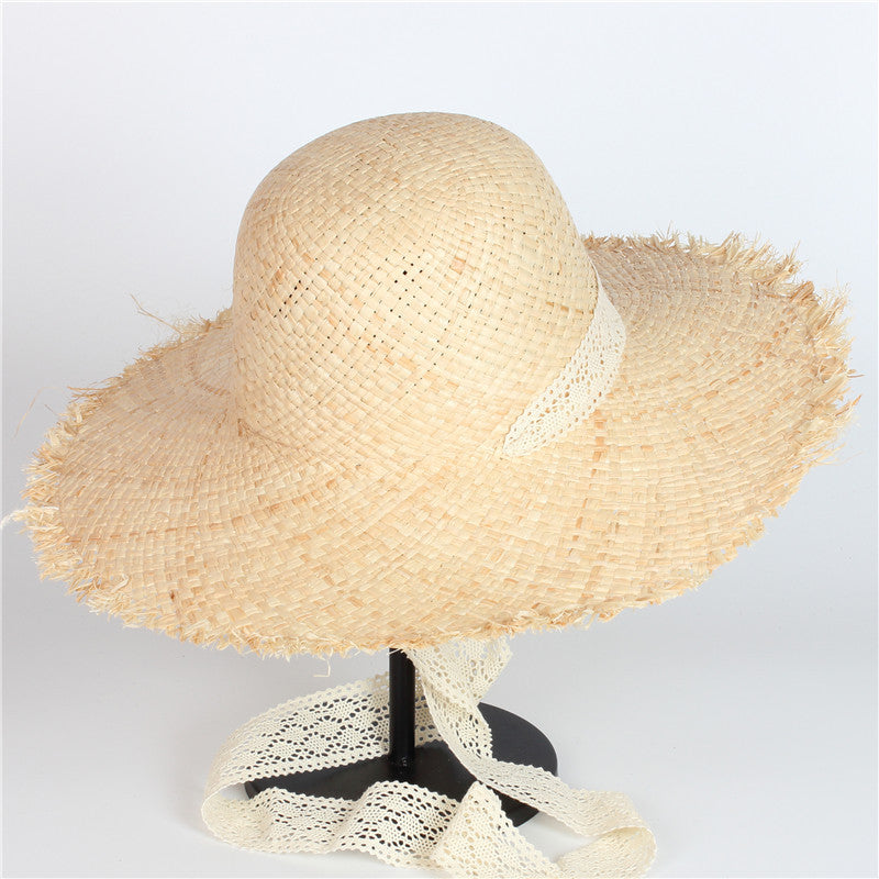 Boho Hat, Sun Beach Hat, Vintage Raffia Straw Hat Leah Lace Ribbon