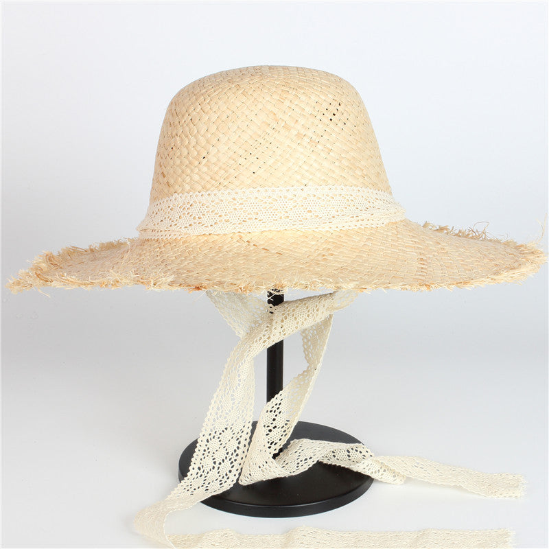 Boho Hat, Sun Beach Hat, Vintage Raffia Straw Hat Leah Lace Ribbon