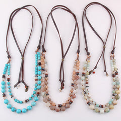 Boho Necklace, RH Precious Natural Stones Links with Leather
