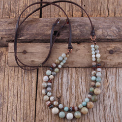 Boho Necklace, RH Precious Natural Stones Links with Leather