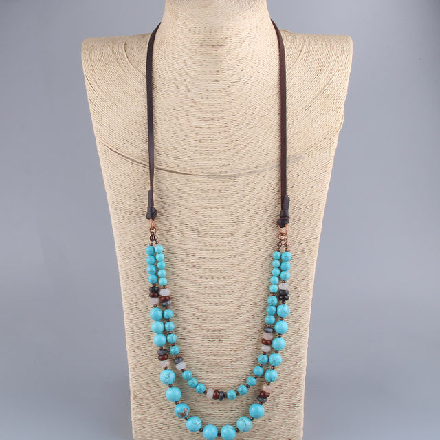 Boho Necklace, RH Precious Natural Stones Links with Leather