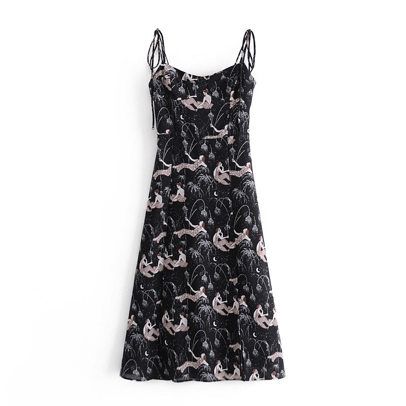 Boho Midi Dress, Strappy Sundress, Lady in Black