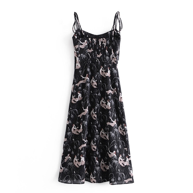 Boho Midi Dress, Strappy Sundress, Lady in Black