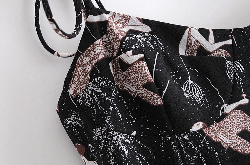 Boho Midi Dress, Strappy Sundress, Lady in Black