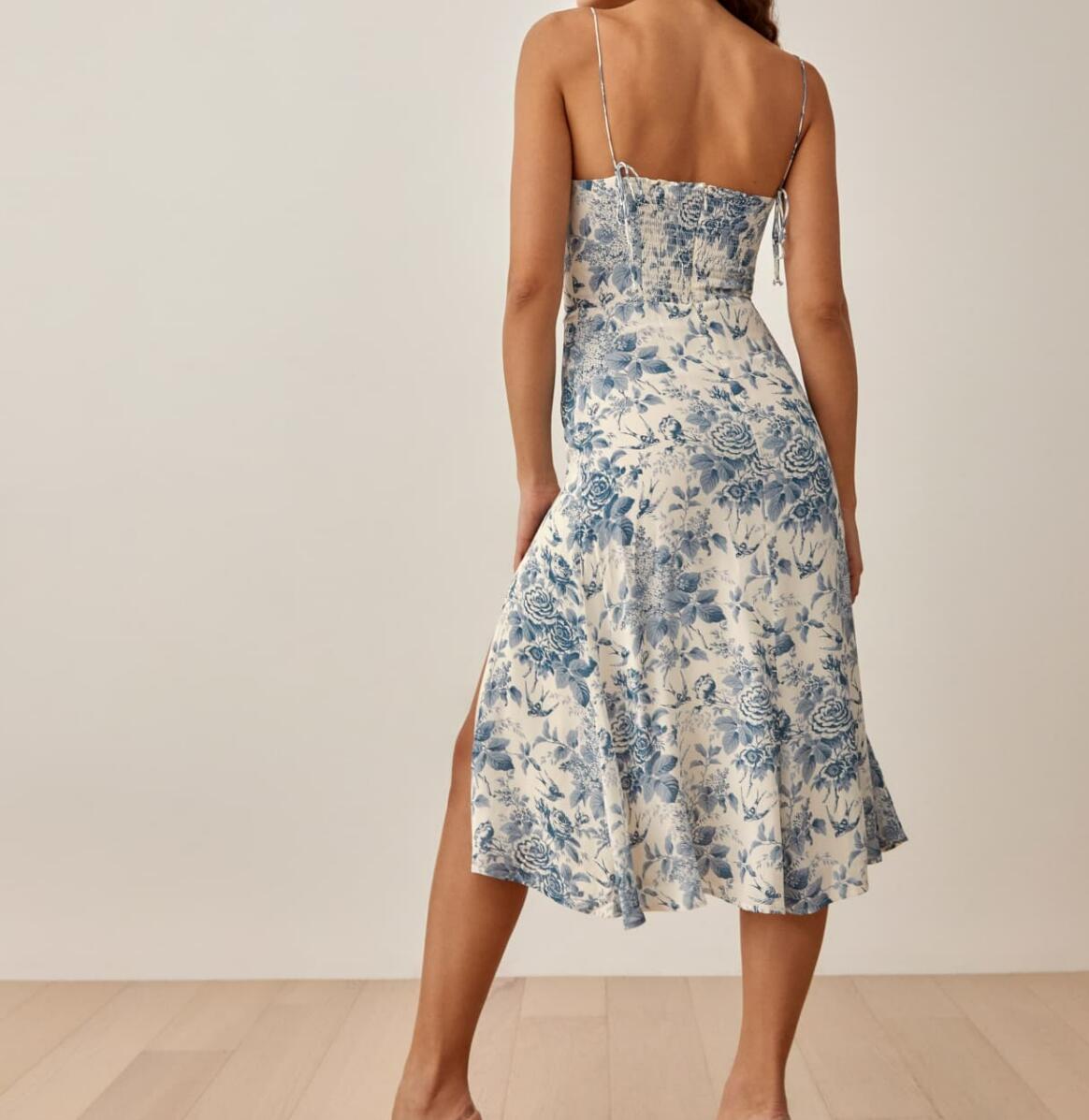 Boho Midi Dress, Strappy Sundress, Blue Vintage Rose