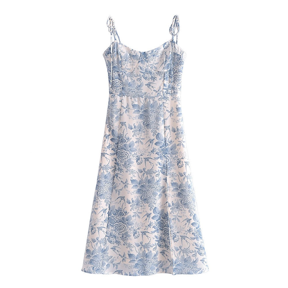 Boho Midi Dress, Strappy Sundress, Blue Vintage Rose