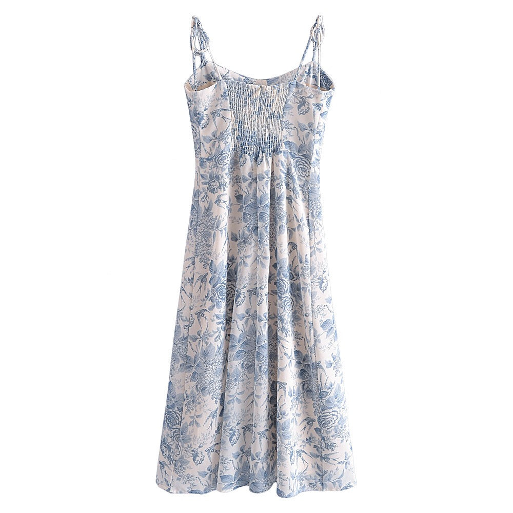 Boho Midi Dress, Strappy Sundress, Blue Vintage Rose
