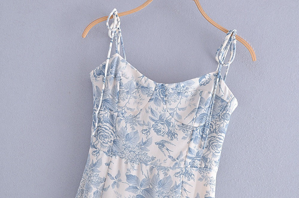 Boho Midi Dress, Strappy Sundress, Blue Vintage Rose