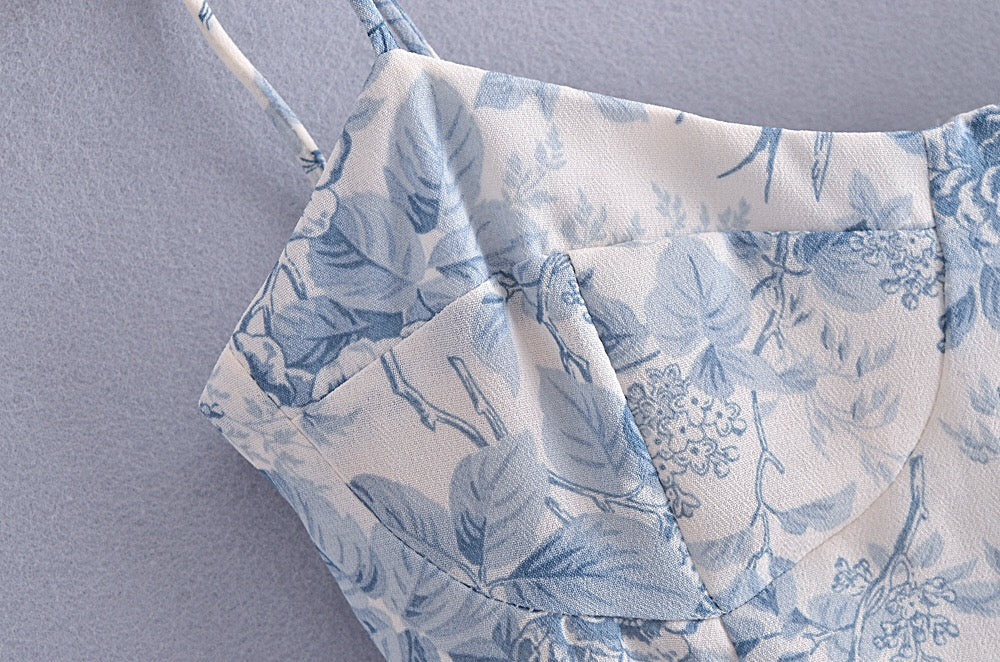 Boho Midi Dress, Strappy Sundress, Blue Vintage Rose