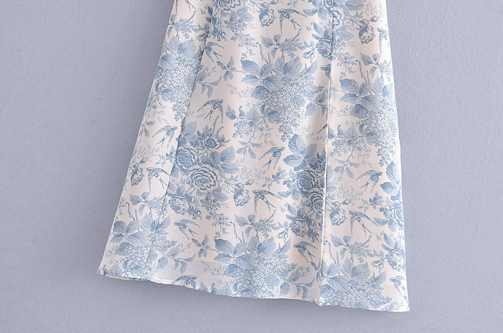Boho Midi Dress, Strappy Sundress, Blue Vintage Rose
