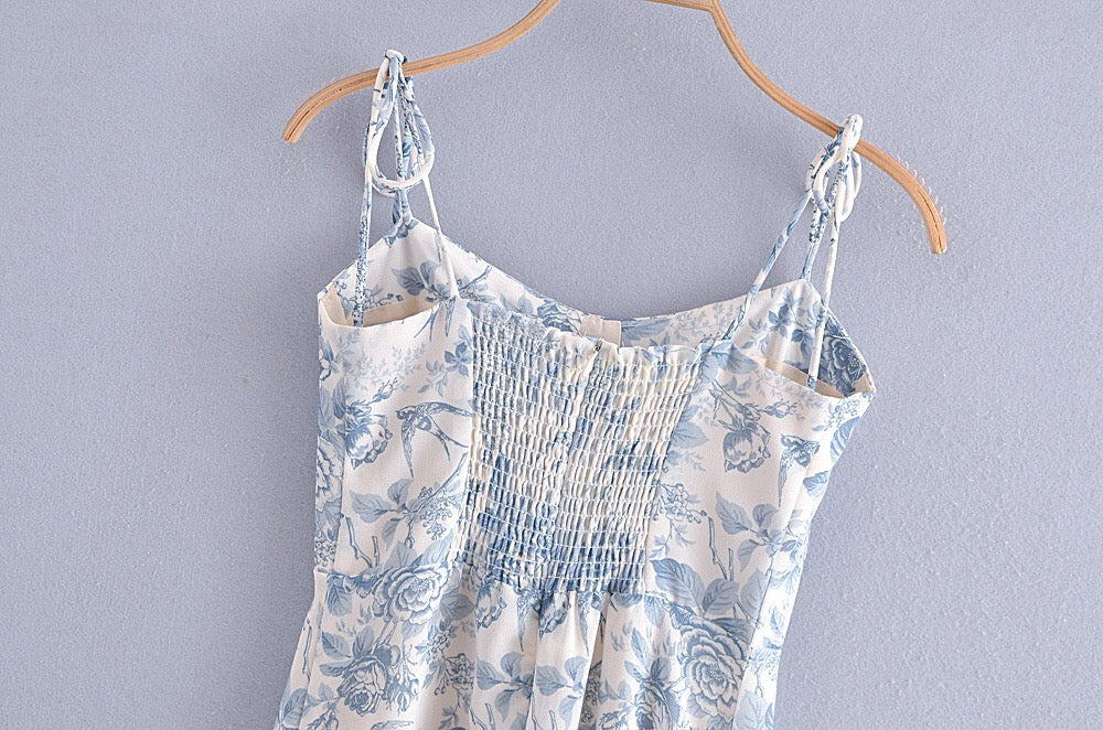 Boho Midi Dress, Strappy Sundress, Blue Vintage Rose