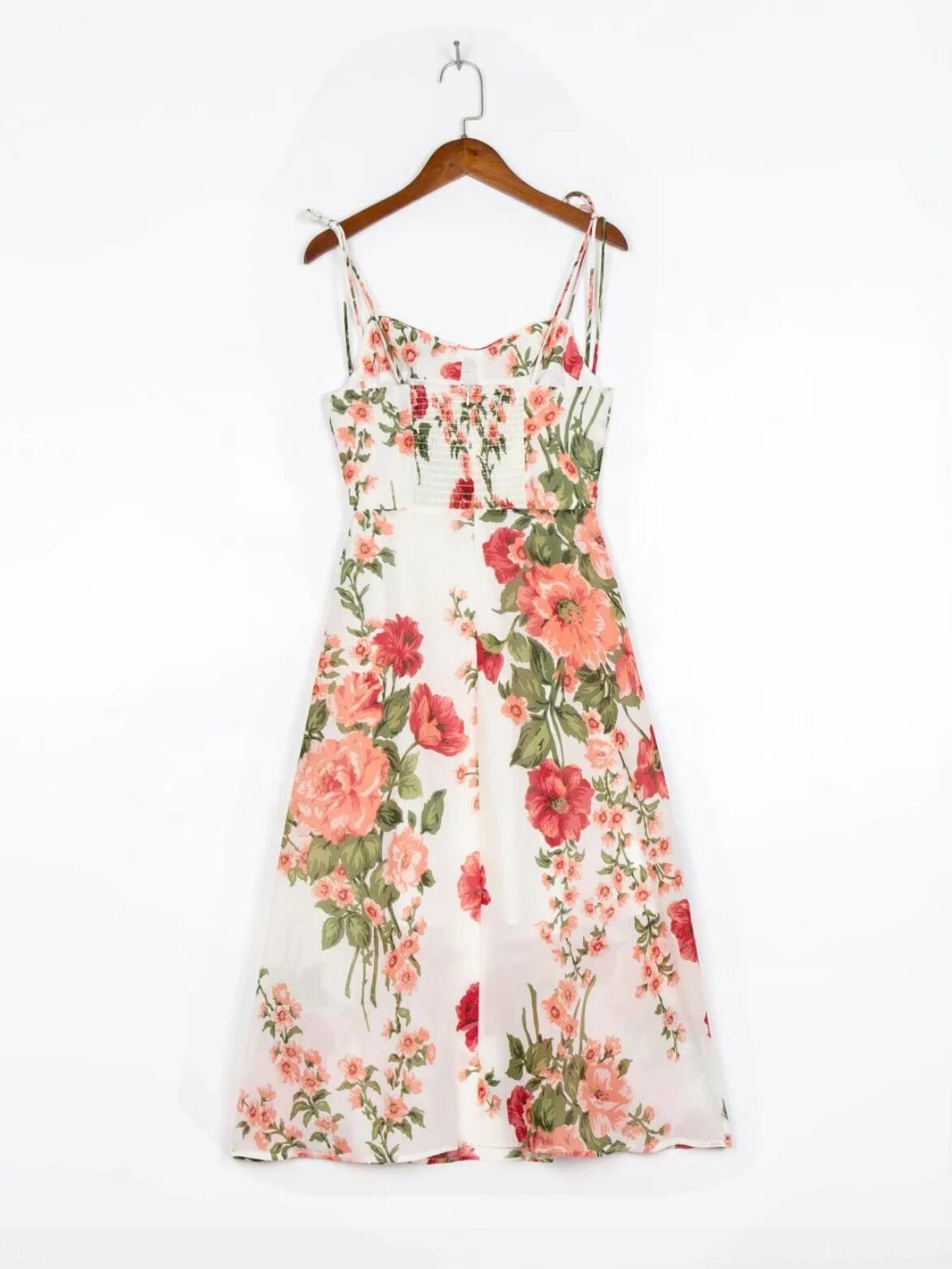 Boho Midi Dress, Strappy Sundress, White Rose Garden