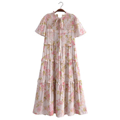 Boho Midi Dress, Smock Sundress, Freedom Scilla Blue and Pink