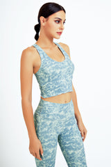 Yoga Set, Yoga Legging, Printed Workout 3 Piece Set Hooded Shirt Top, Vest and Legging, Tie-dye Fitness in Light Green