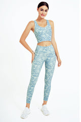 Yoga Set, Yoga Legging, Printed Workout 3 Piece Set Hooded Shirt Top, Vest and Legging, Tie-dye Fitness in Light Green