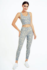Yoga Set, Yoga Legging, Printed Workout 3 Piece Set Hooded Shirt Top, Vest and Legging, Tie-dye Fitness in Khaki