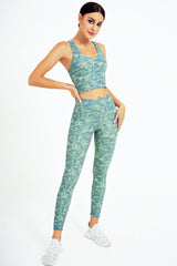 Yoga Set, Yoga Legging, Printed Workout 3 Piece Set Hooded Shirt Top, Vest and Legging, Tie-dye Fitness in Green