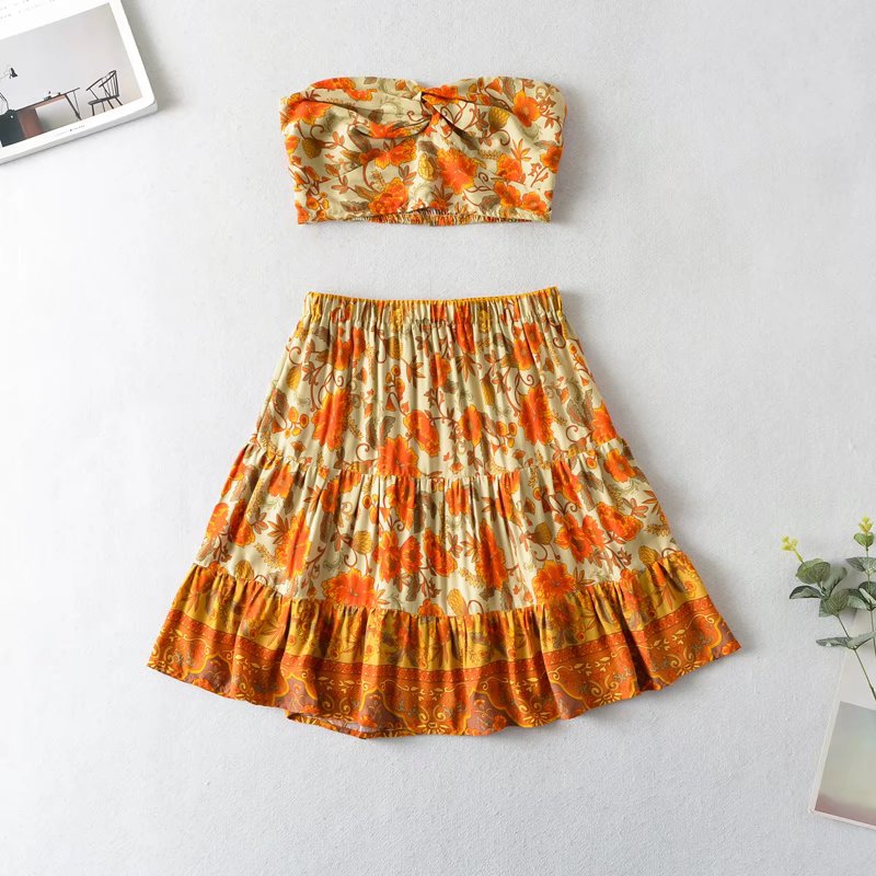 Boho Two Piece Set, Crop Top and Skirt, Esme Water Lily