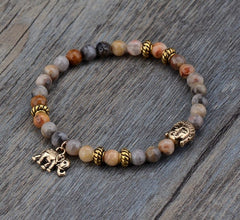 Boho Bracelet, Stretchy Bracelet, Blue and Brown Elephant Tibetan
