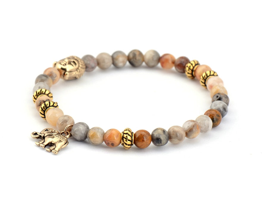 Boho Bracelet, Stretchy Bracelet, Blue and Brown Elephant Tibetan