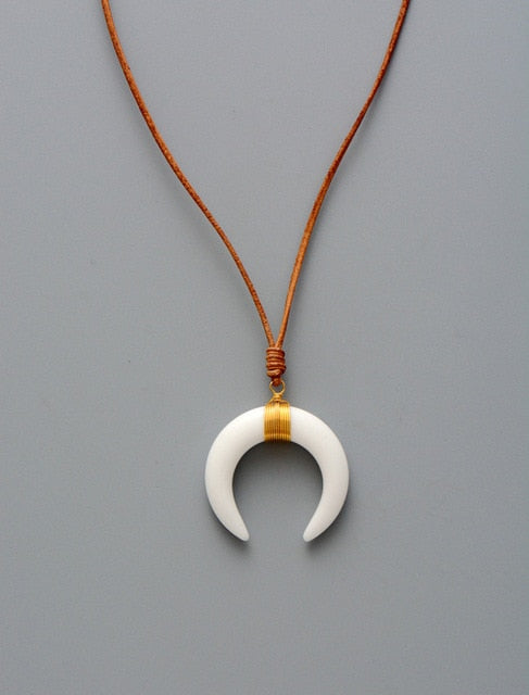 Boho Necklace, Ox Horn, Shell White and Black Onyx Crescent