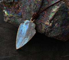 Boho Necklace,Blue and Black Agate, Jasper Arrowhead Pendant Leather