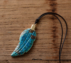 Boho Necklace, Blue Agate Leaf Pendant