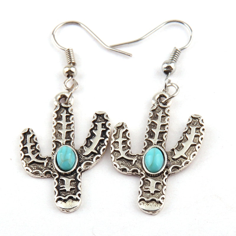 Boho Earrings, RH Dangle Earrings, Blue Cactus