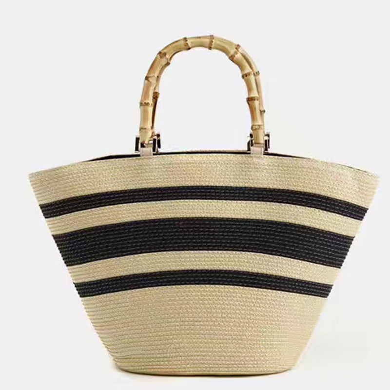 Boho Bag, Woven Grass Straw Basket Bag, Bamboo Handle in Black, Ivory, Pink and Blue