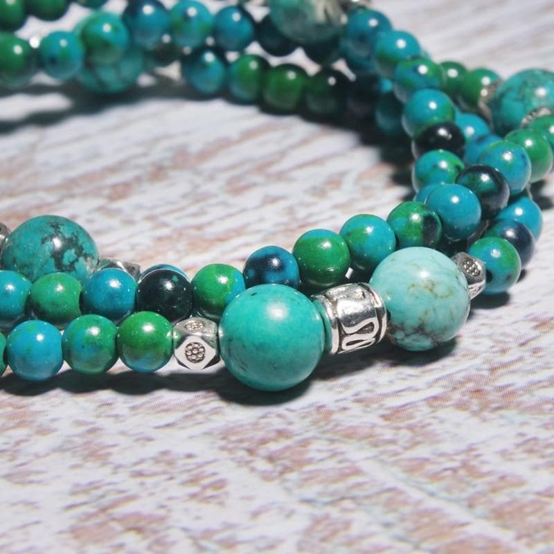 Boho Bracelet, Layers Blue Turquoise Mala Red Mantra Lotus