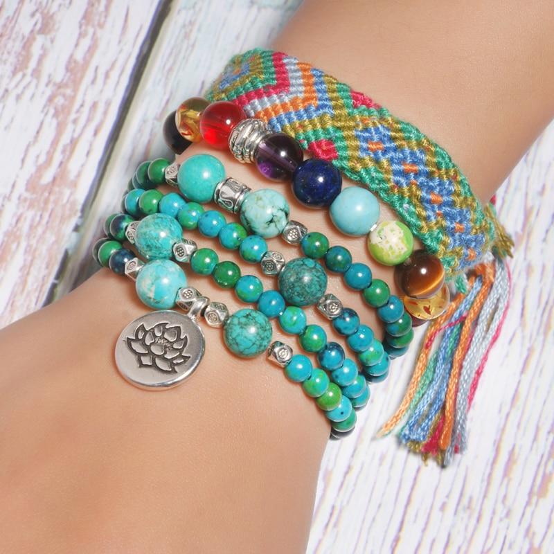 Boho Bracelet, Layers Blue Turquoise Mala Red Mantra Lotus